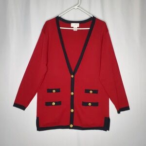 Field Manor Wool Gold Button Cardigan Women Medium Color Block Old Money Classic